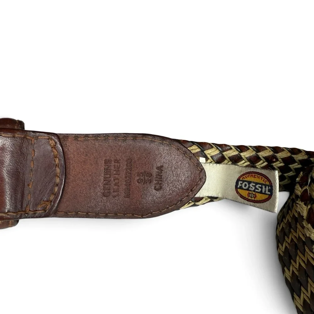 Fossil Braided Woven Brown/Cream Leather Belt Size 38/95